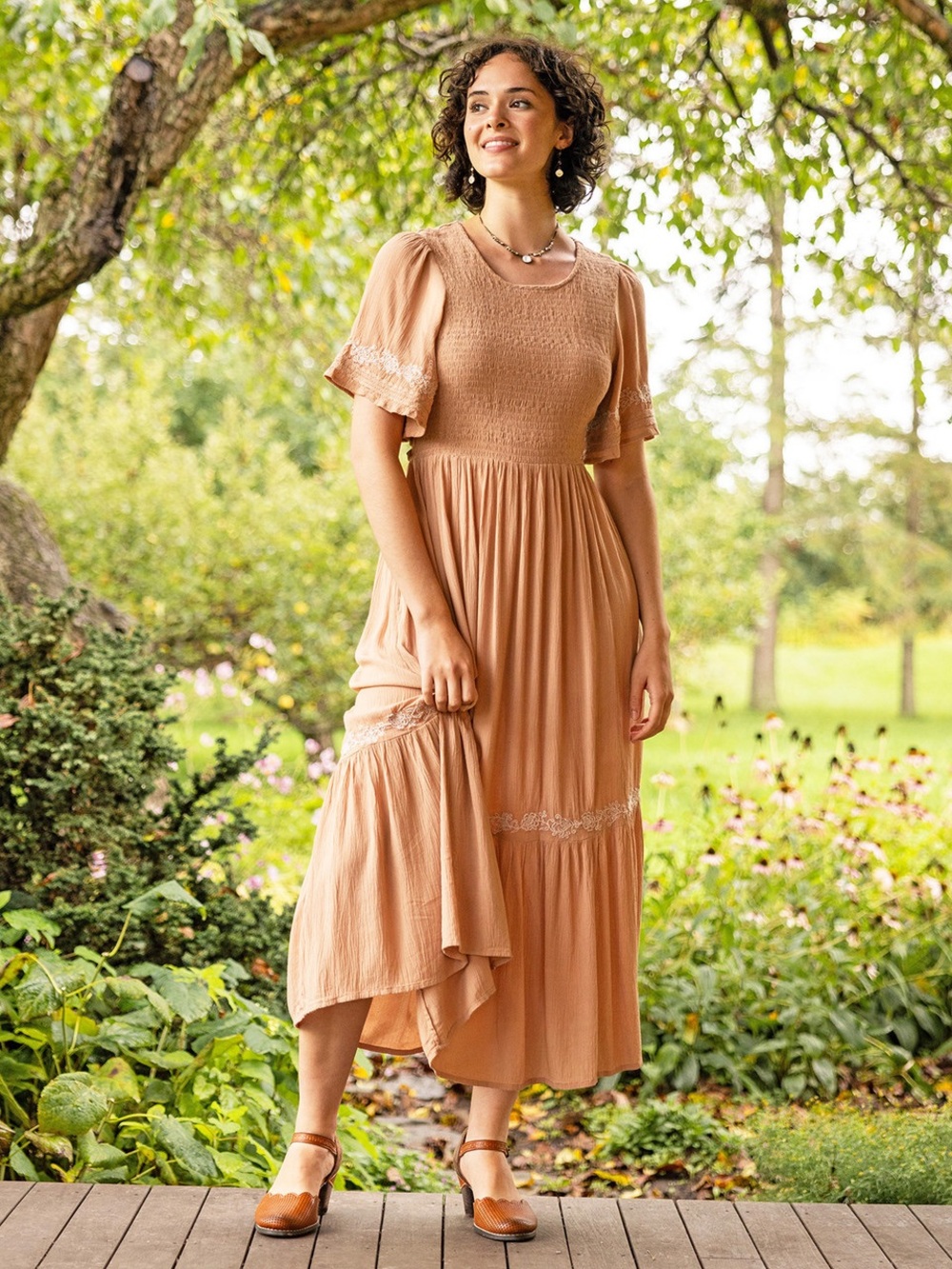 April Cornell Sonora Dress Brown L Floral Embroidery Flutter Sleeves Prairiecore